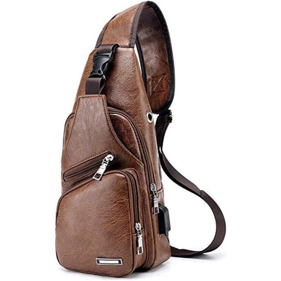 💫 Men Brown Leather Backpacks Business Campus Travel Charging Port Shoulder Bag - Picture 1 of 8